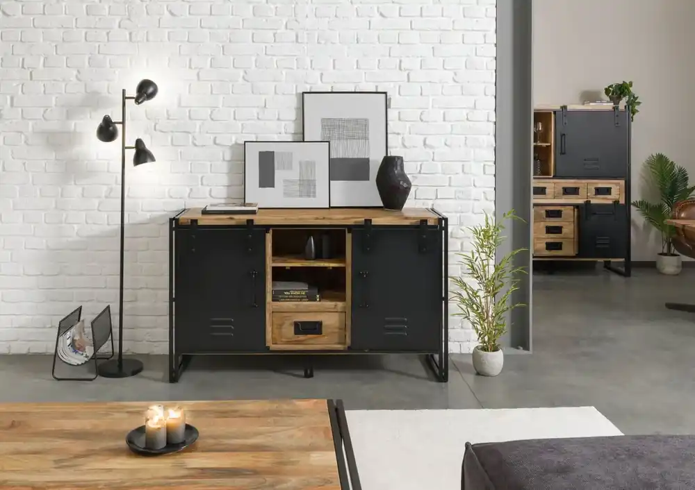 Sideboard Mango 150x45x90 natur lackiert / Metall schwarz BLACKBURN #111 Neuheit