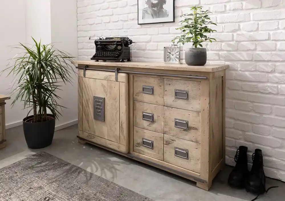Markenware Sideboard Mango 140x45x85 whitewash lackiert RAILWAY #321