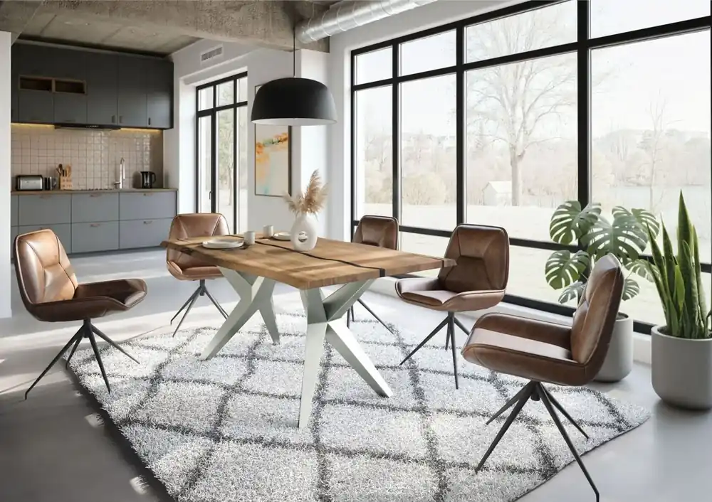Baumtisch Mango 160x90x76 natur lackiert / Epoxid schwarz, Sterngestell silber matt EPOXY Finale Aktion