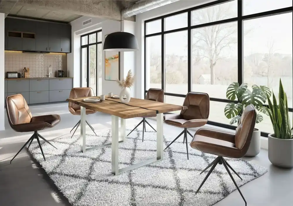 Baumtisch Mango 160x90x76 natur lackiert / Epoxid schwarz, U-Beine silber matt EPOXY Direktkauf