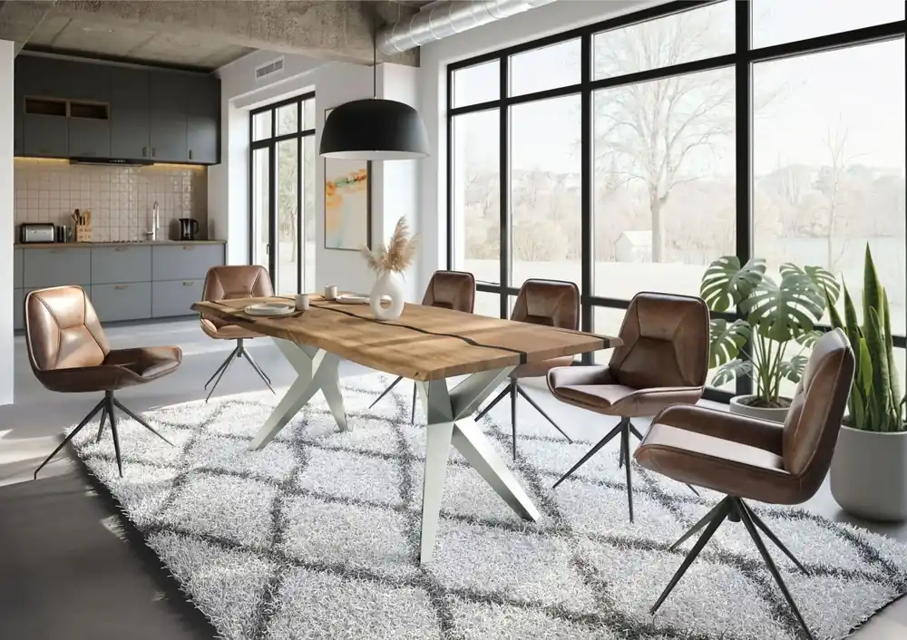 Nur Heute Baumtisch Mango 200x100x76 natur lackiert / Epoxid schwarz, Sterngestell silber matt EPOXY