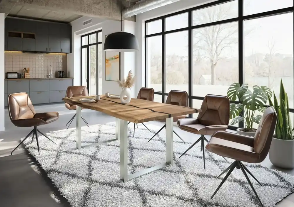 Baumtisch Mango 200x100x76 natur lackiert / Epoxid schwarz, U-Beine silber matt EPOXY Bestpreis