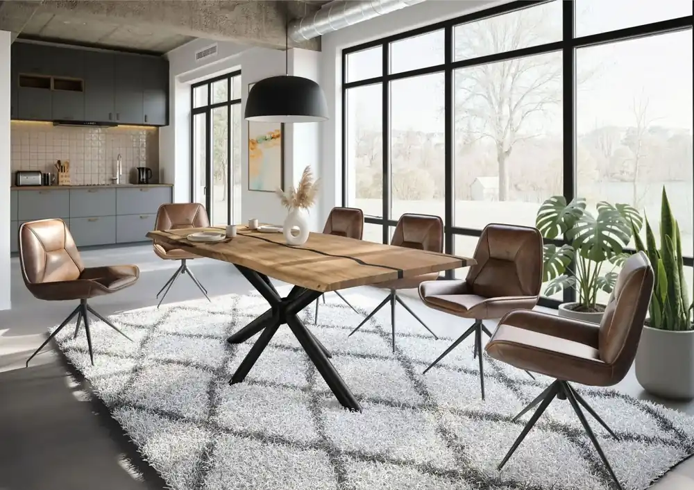 Baumtisch Mango 200x100x74 natur lackiert / Epoxid schwarz, Kreuzgestell rund anthrazit matt EPOXY Direkt Vom Hersteller
