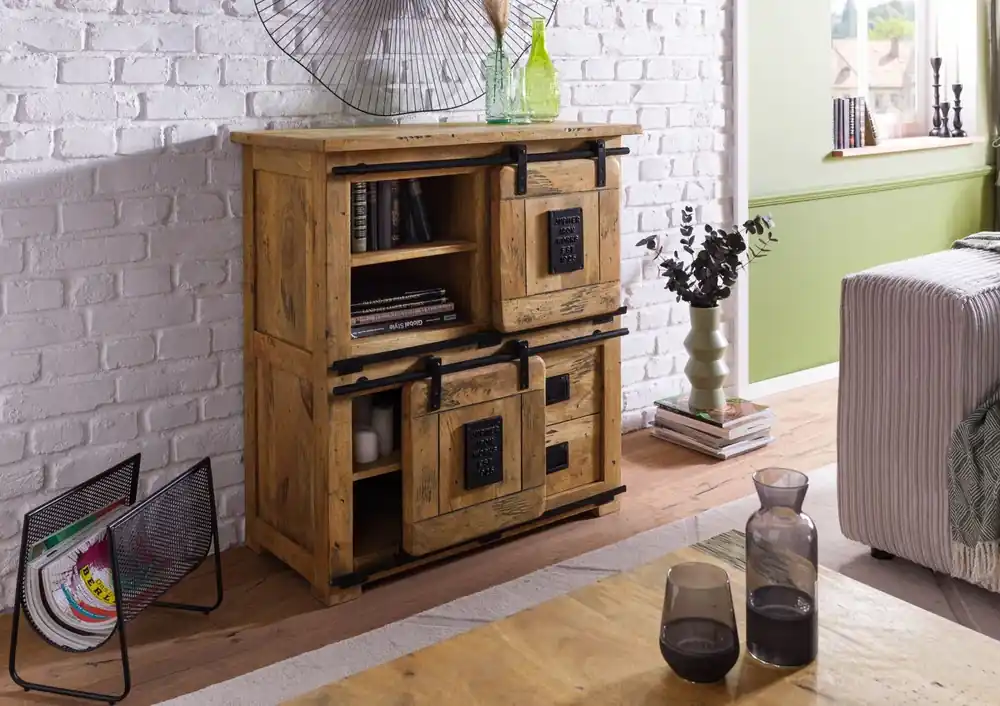 Highboard Mango 90x45x100 natur lackiert RAILWAY #1005 Schneller Versand