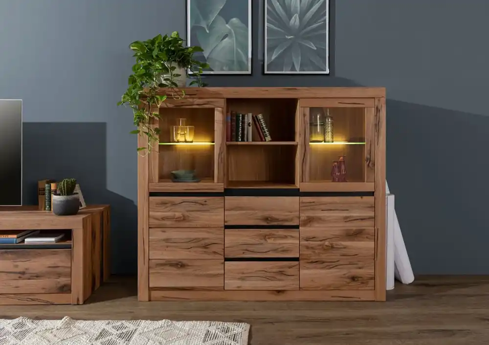 Garantierte Lieferung Highboard Wildeiche / Zerreiche 155x43x140 braun geölt MONTREUX #356
