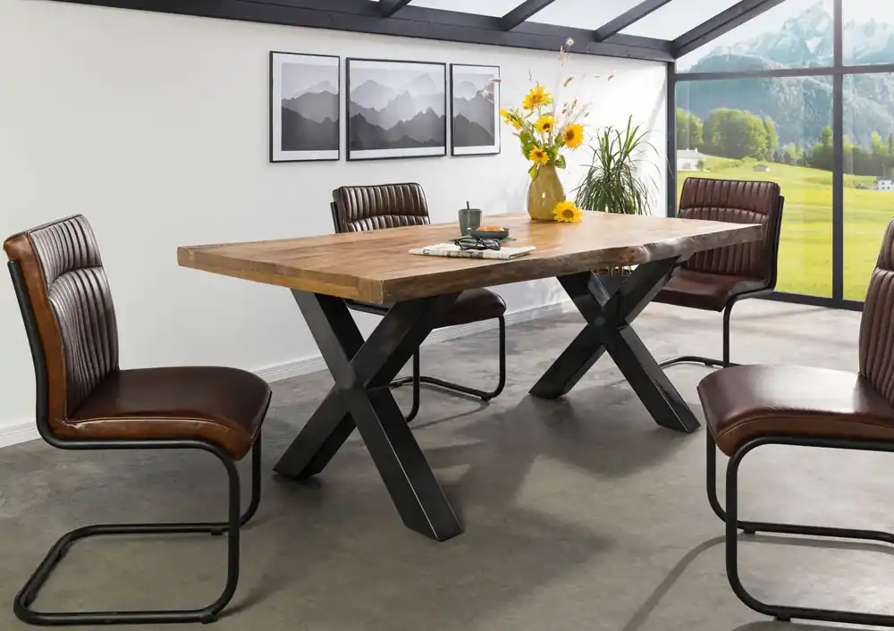 Preiswert Baumtisch Mango 220x100x77 natur lackiert / X-Beine anthrazit glänzend FREEFORM 5