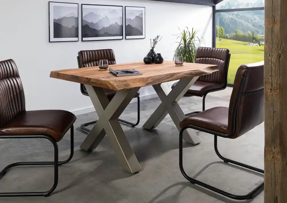 Baumtisch Sheesham 160x90x77 natur gebeizt / X-Beine silber matt FREEFORM 5 Direktkauf