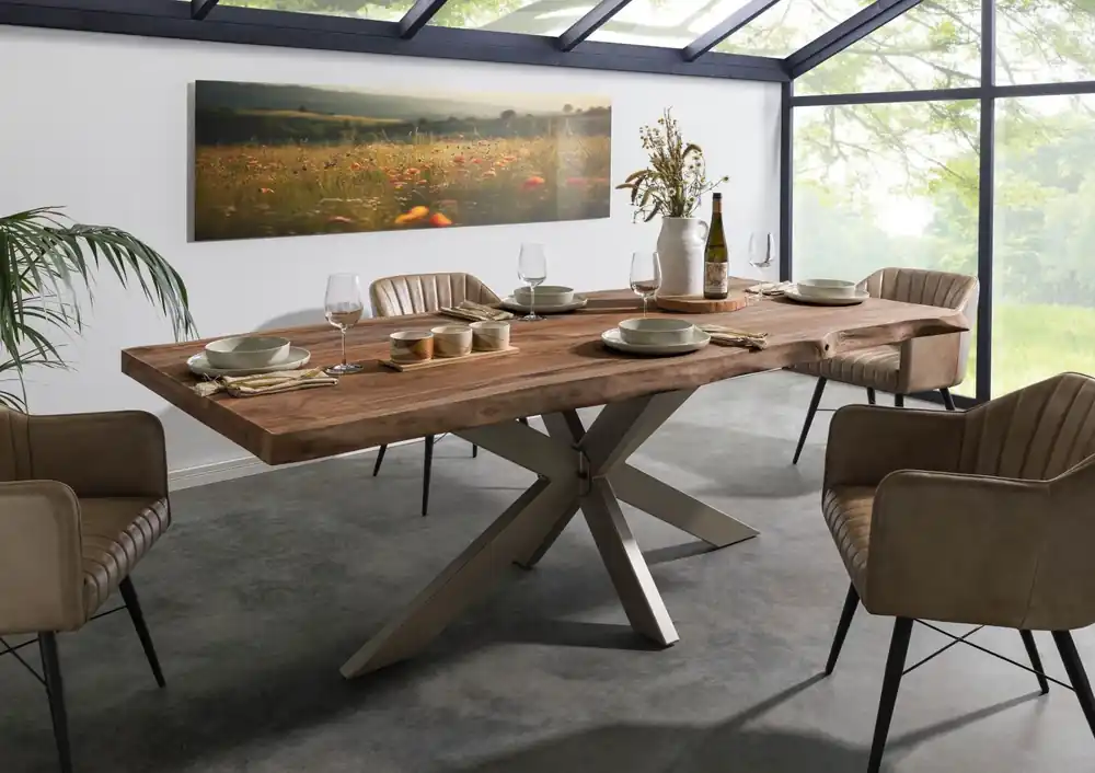 Baumtisch Sheesham 180x90x77 grau gebeizt / Kreuzgestell silber matt FREEFORM 5 Billig
