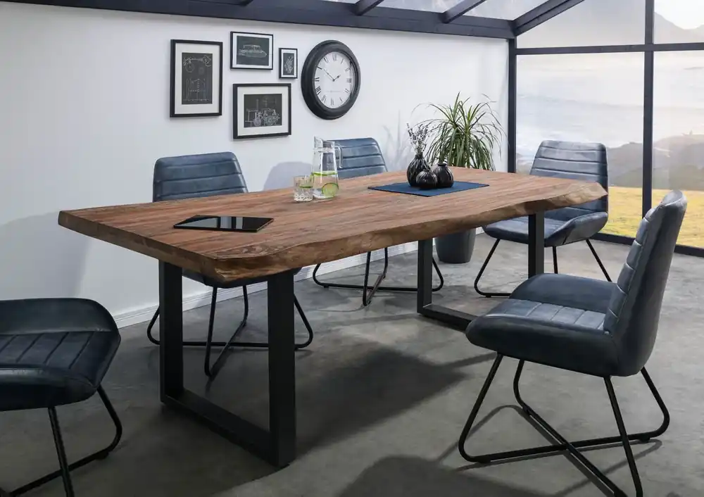 Baumtisch Sheesham 180x90x77 grau gebeizt / U-Beine anthrazit matt FREEFORM 5 Preisknaller
