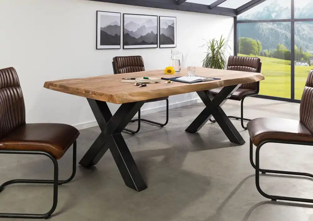 Neue Ware Baumtisch Sheesham 180x90x77 natur gebeizt / X-Beine anthrazit glänzend FREEFORM 5