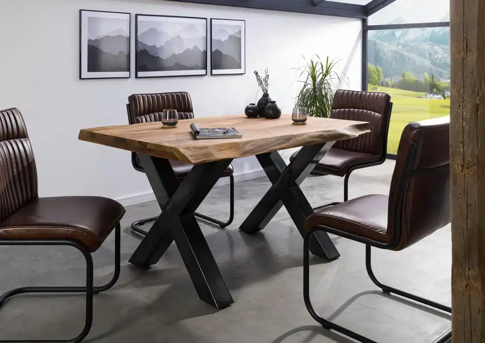 Angebot Baumtisch Sheesham 140x90x77 natur gebeizt / X-Beine anthrazit glänzend FREEFORM 5