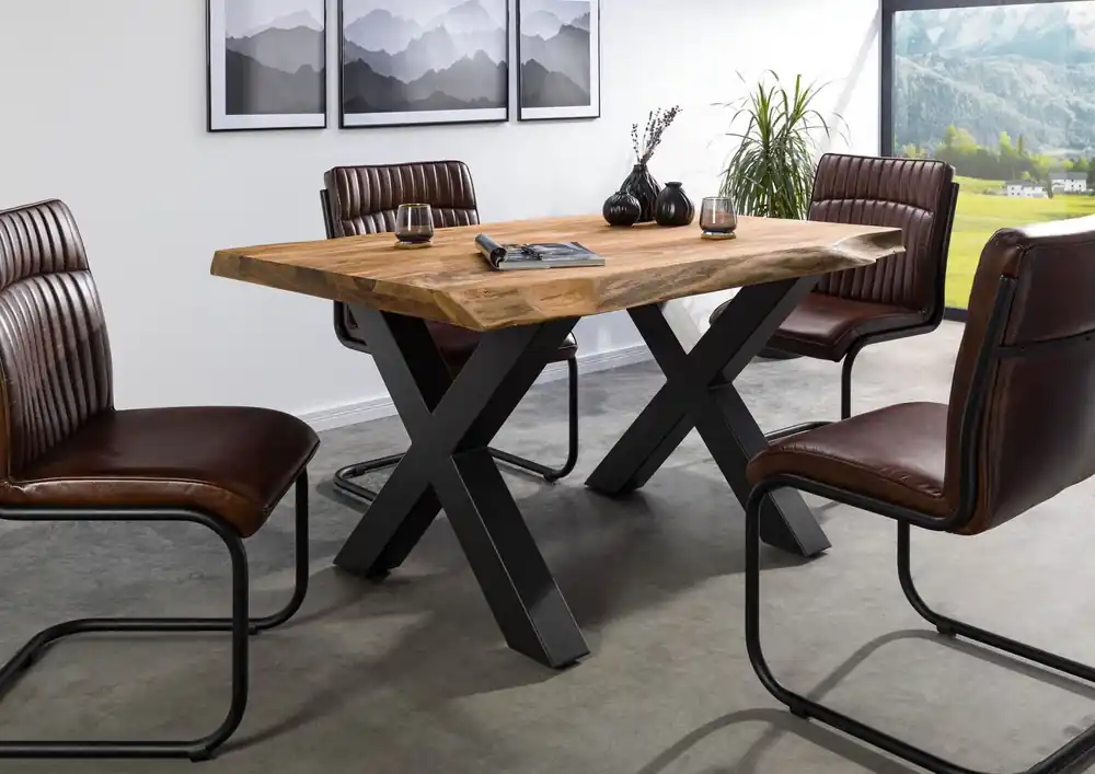 Zertifiziert Baumtisch Sheesham 140x90x77 natur gebeizt / X-Beine anthrazit matt FREEFORM 5