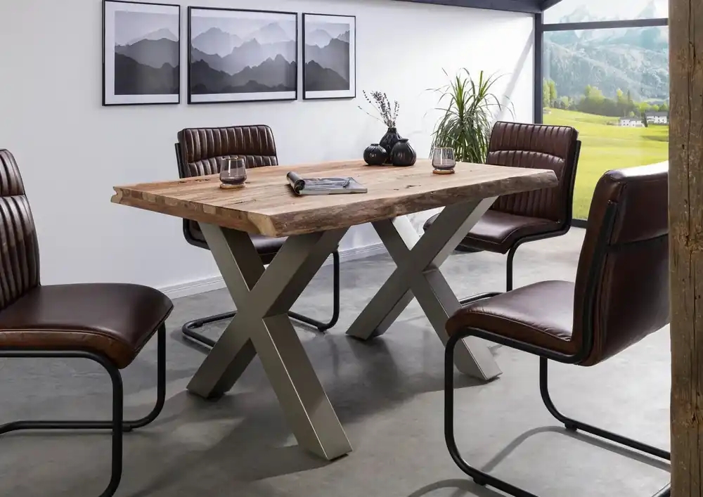 Abverkauf Baumtisch Sheesham 140x90x77 natur sandgestrahlt / X-Beine silber matt FREEFORM 5