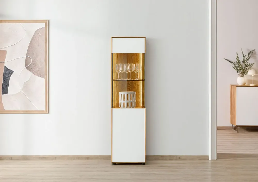 Markenprodukt Vitrine Wildeiche 45x38x168 natur geölt / Glas weiß WIEN #130