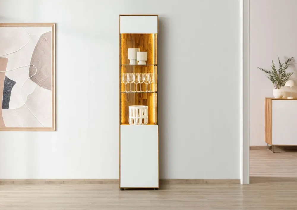 Vitrine Wildeiche 45x38x200 natur geölt / Glas weiß WIEN #131 Markenprodukt