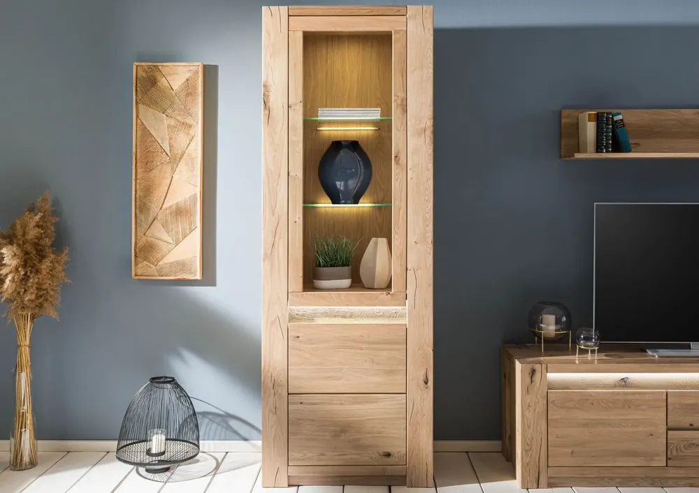 Geprüft Vitrine Wildeiche 73x40x205 beige geölt KENT #201
