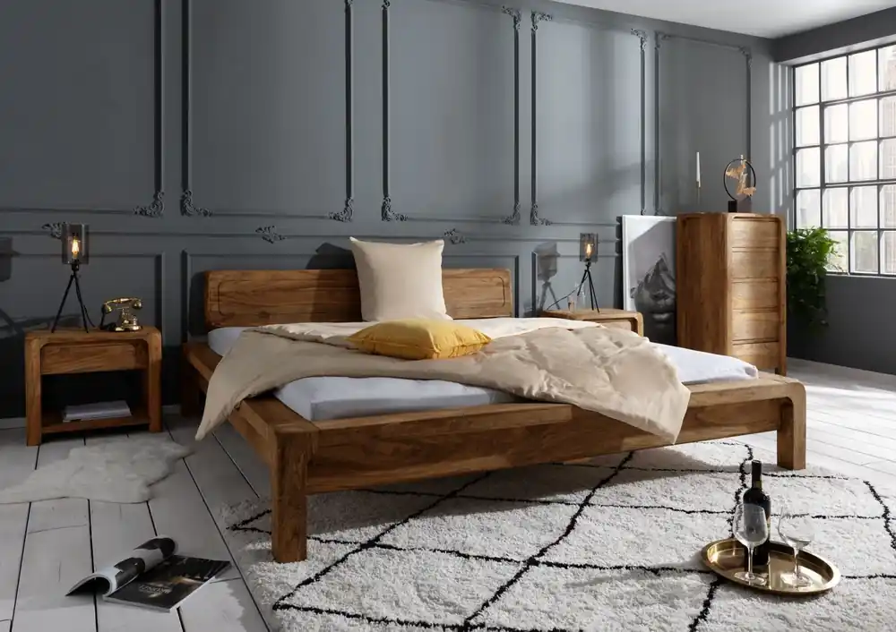 Bett Sheesham 200x200x80 braun geölt BUENO #002 Echt
