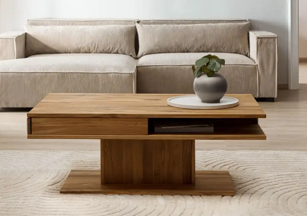 Couchtisch Wildeiche 120x70x45 natur geölt / Glas weiß WIEN #101 Must-Have