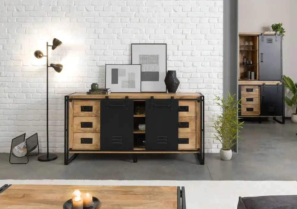 Preisknaller Sideboard Mango 180x45x90 natur klar lackiert / Metall schwarz BLACKBURN #551