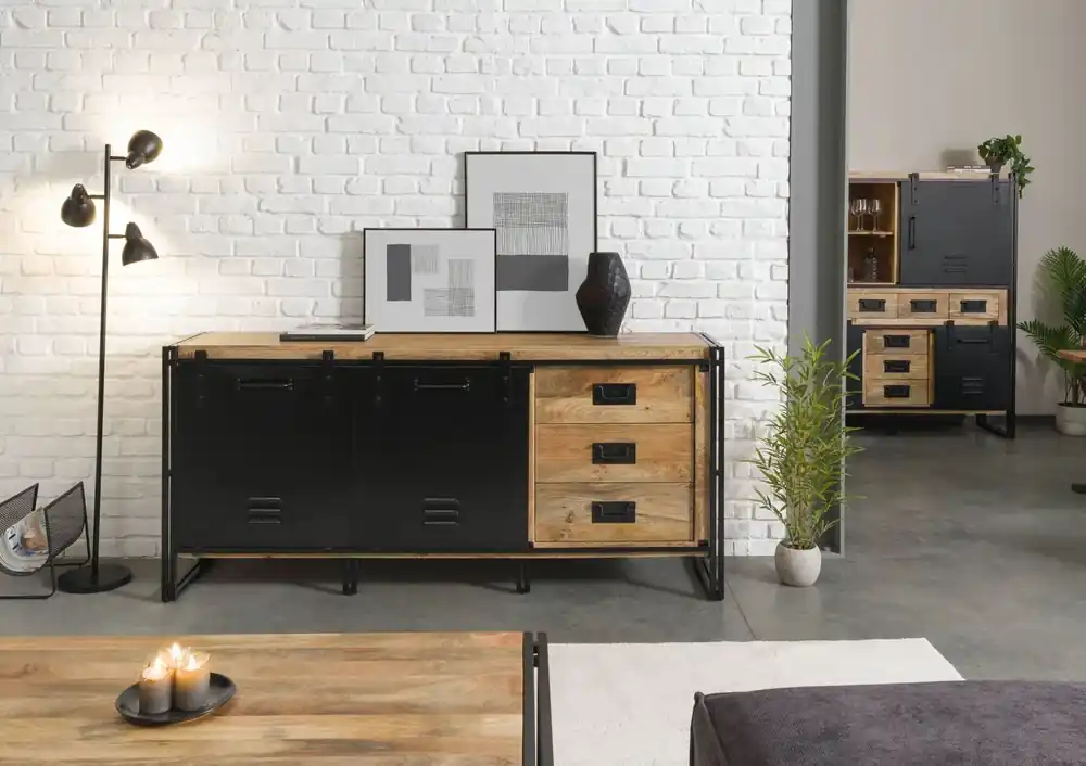 Sideboard Mango 195x45x90 natur klar lackiert / Metall schwarz BLACKBURN #107 Wochenendangebot