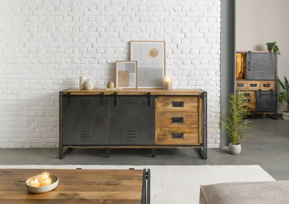 Sideboard Mango 195x45x90 natur lackiert / Metall grau BLACKBURN #307 Preiswert