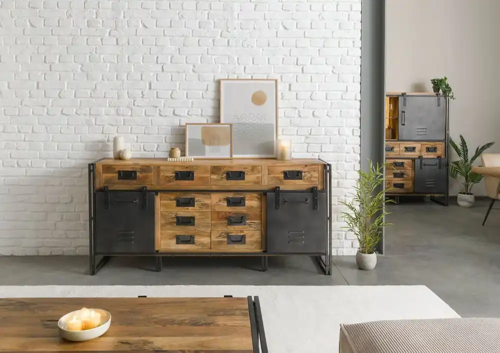 Sideboard Mango 195x45x90 natur lackiert / Metall grau BLACKBURN #309 Neu