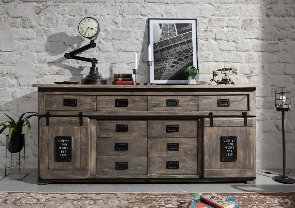 Nur Für Kurze Zeit Sideboard Mango 200x45x90 grau lackiert RAILWAY #222