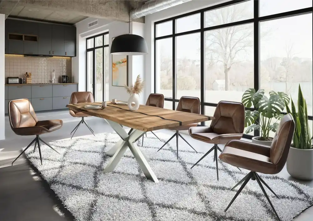 Garantierte Lieferung Baumtisch Mango 220x100x74 natur lackiert / Epoxid schwarz, Kreuzgestell silber matt EPOXY