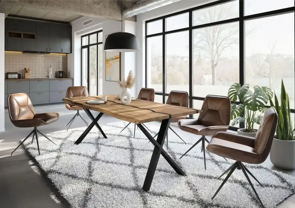 Markenware Baumtisch Mango 220x100x76 natur lackiert / Epoxid schwarz, ausgestellte X-Beine anthrazit matt EPOXY