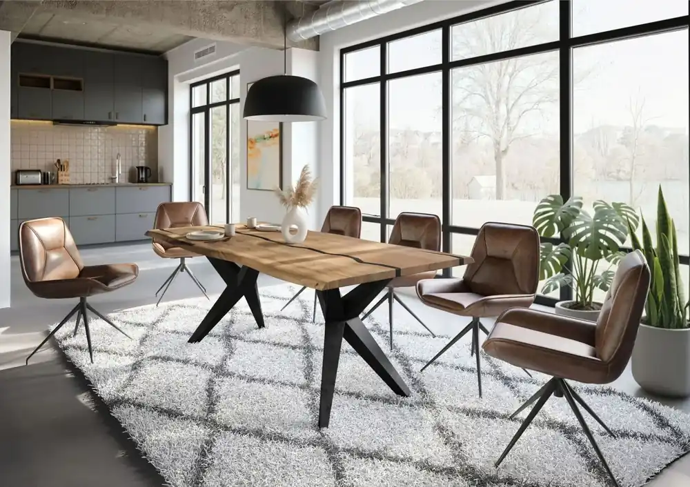 Echt Baumtisch Mango 220x100x76 natur lackiert / Epoxid schwarz, Sterngestell anthrazit matt EPOXY