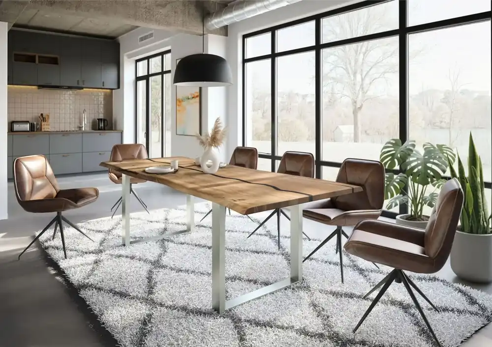 Highlight Baumtisch Mango 240x100x76 natur lackiert / Epoxid schwarz, U-Beine silber matt EPOXY