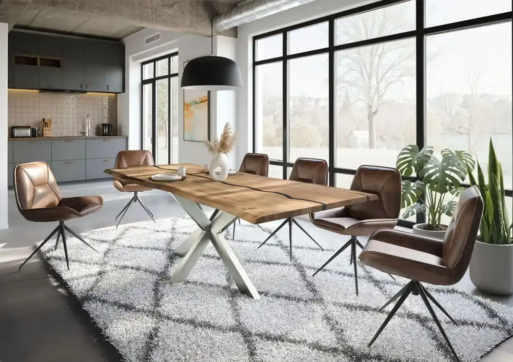 Rabatt Baumtisch Mango 240x100x74 natur lackiert / Epoxid schwarz, Kreuzgestell silber matt EPOXY