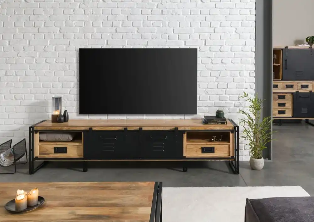 Neuheit TV-Board Mango 240x45x55 natur klar lackiert / Metall schwarz BLACKBURN #555