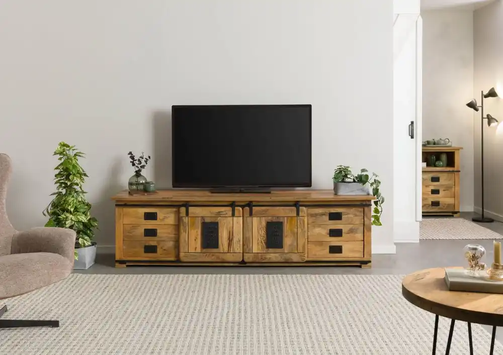 Preis Gesenkt TV-Board Mango 220x55x60 natur lackiert RAILWAY #166