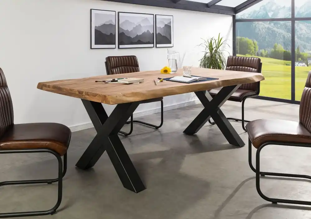 Baumtisch Sheesham 200x100x77 natur gebeizt / X-Beine anthrazit matt FREEFORM 5 Highlight