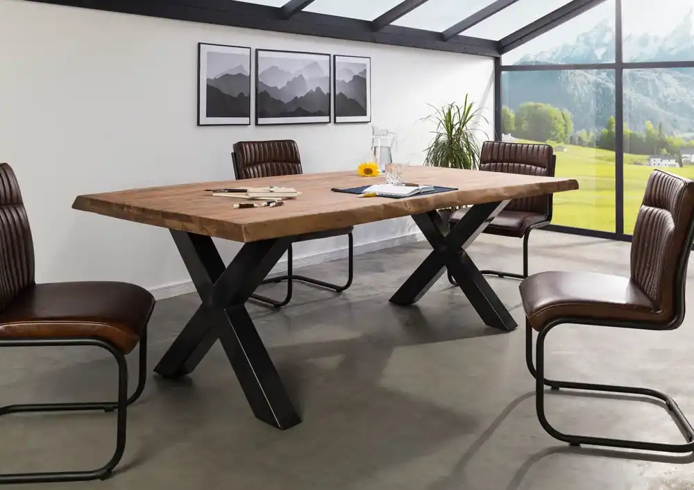 Preis Gesenkt Baumtisch Sheesham 240x100x77 grau gebeizt / X-Beine anthrazit glänzend FREEFORM 5