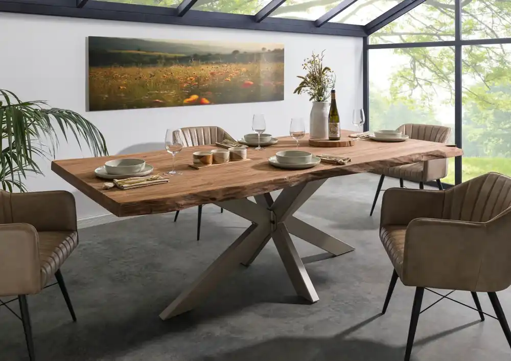 Baumtisch Sheesham 240x100x77 natur gebeizt / Kreuzgestell silber matt FREEFORM 5 Nur Für Kurze Zeit