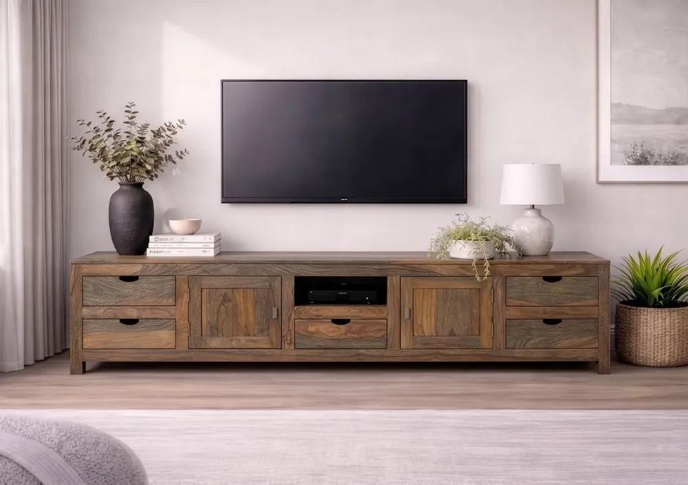Preisreduziert TV-Board Sheesham 260x45x56 grau geölt NATURE GREY #39
