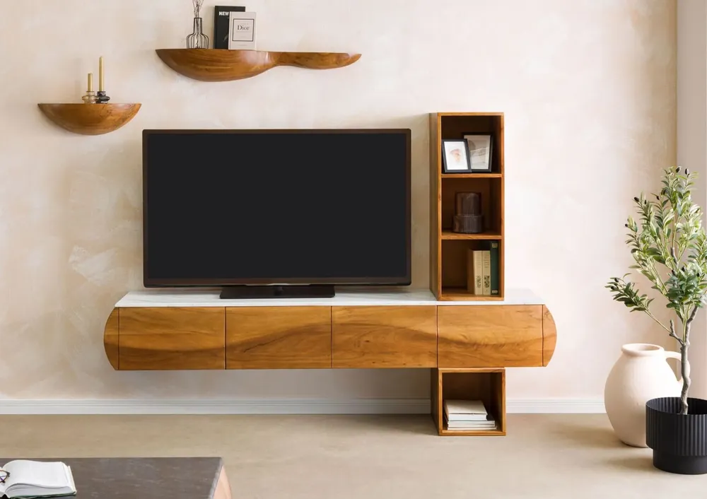 Wohnwand Akazie 204x40x145 natur lackiert / Marmor weiß MONTREAL #141 Jetzt Bestellen