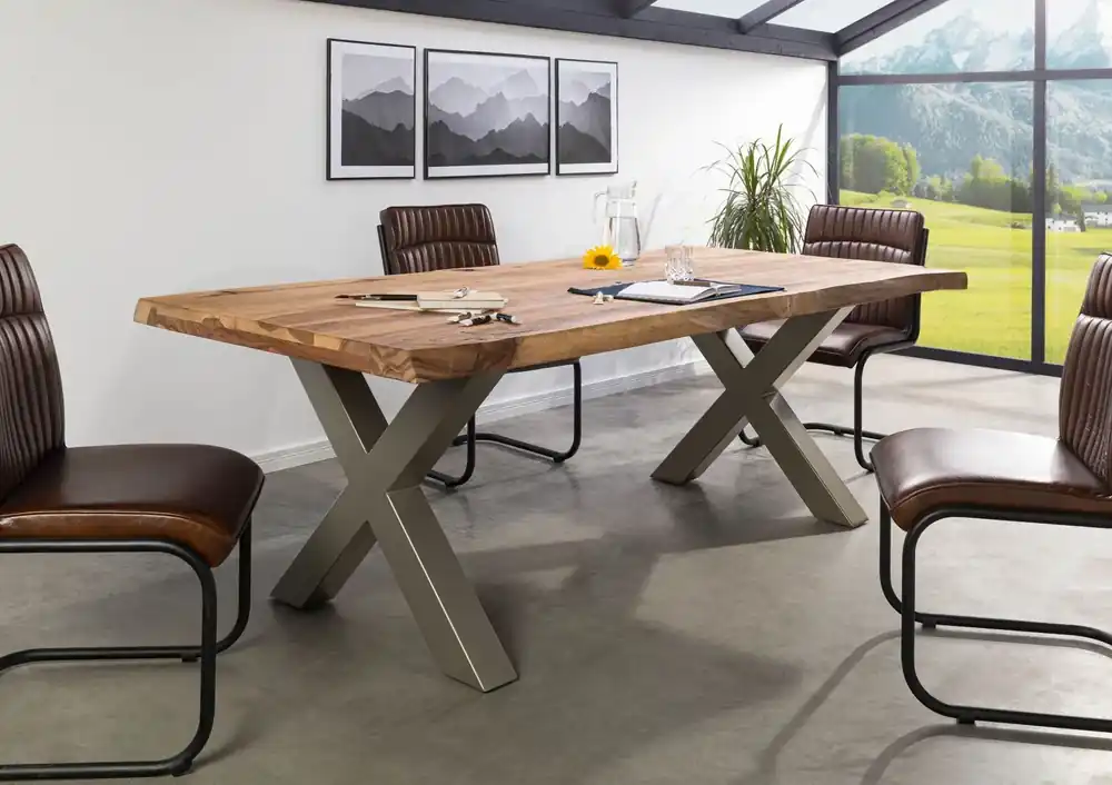 Finale Aktion Baumtisch Sheesham 260x100x77 natur sandgestrahlt / X-Beine silber matt FREEFORM 5