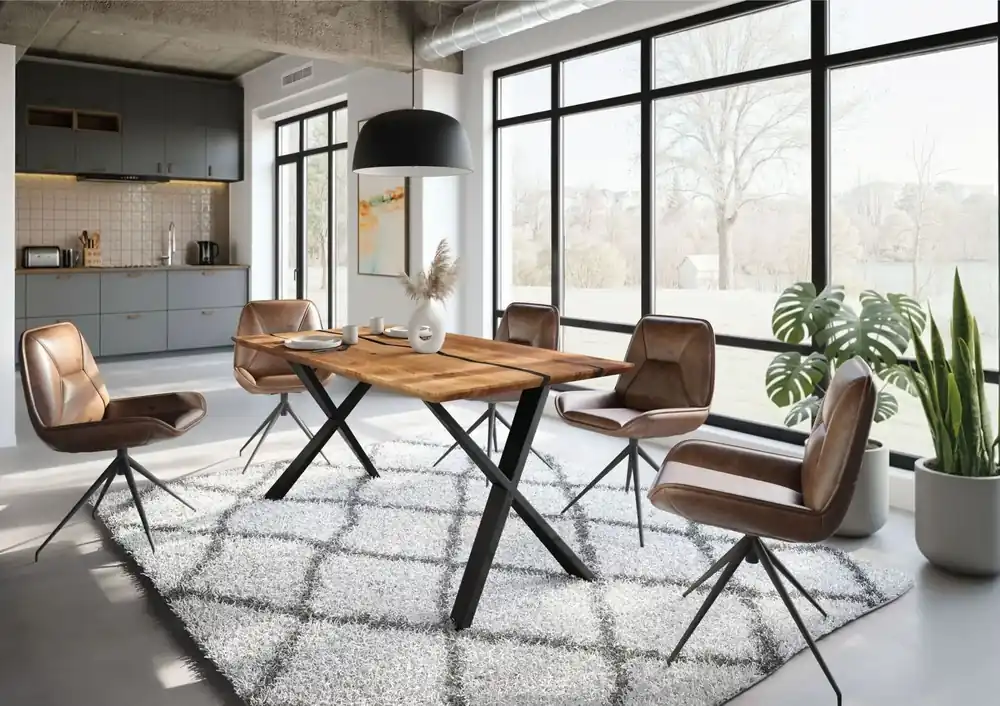 Rabatt Esstisch Akazie 160x90x76 natur lackiert / Epoxid schwarz, ausgestellte X-Beine anthrazit matt EPOXY
