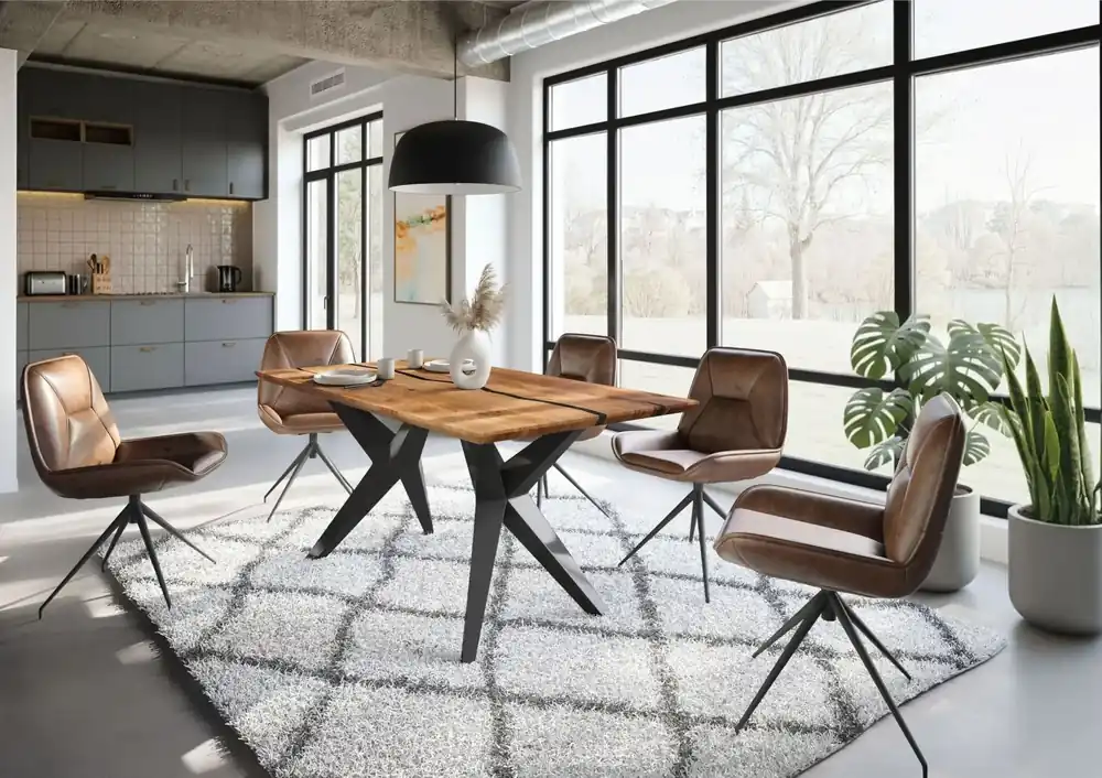Esstisch Akazie 180x90x76 natur lackiert / Epoxid schwarz, Sterngestell anthrazit glänzend EPOXY Neu Im Sortiment