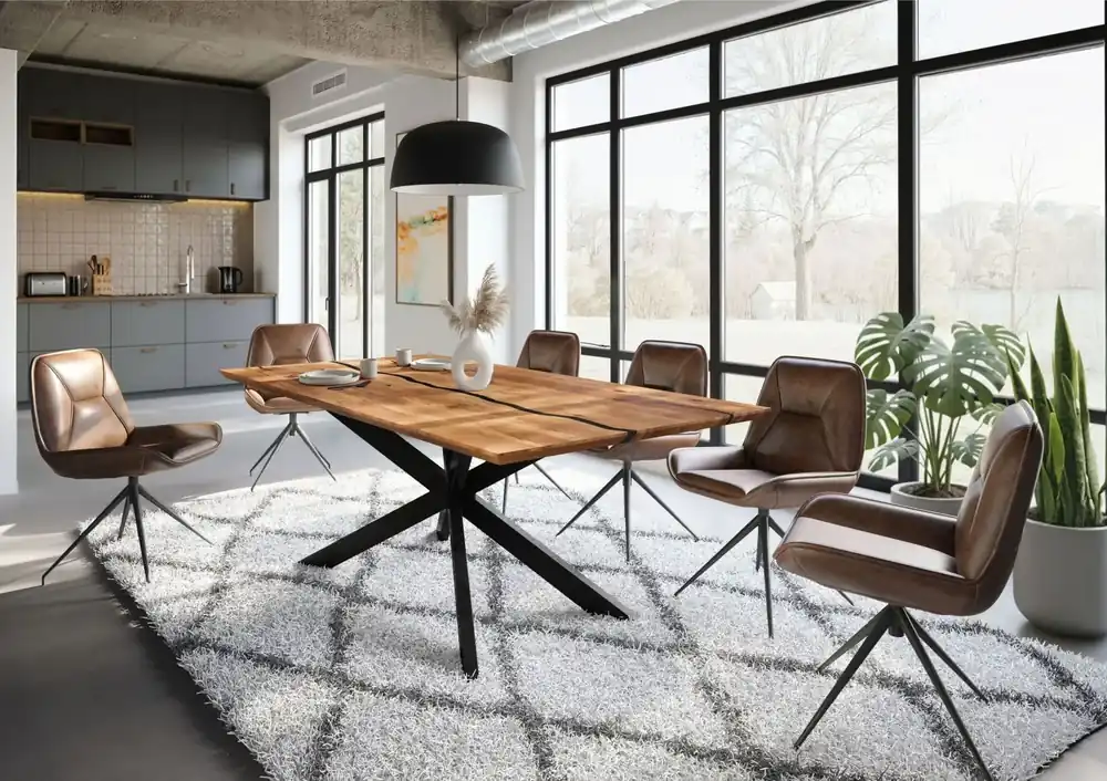 Markenprodukt Esstisch Akazie 220x100x76 natur lackiert / Epoxid schwarz, Kreuzgestell 2 anthrazit matt EPOXY