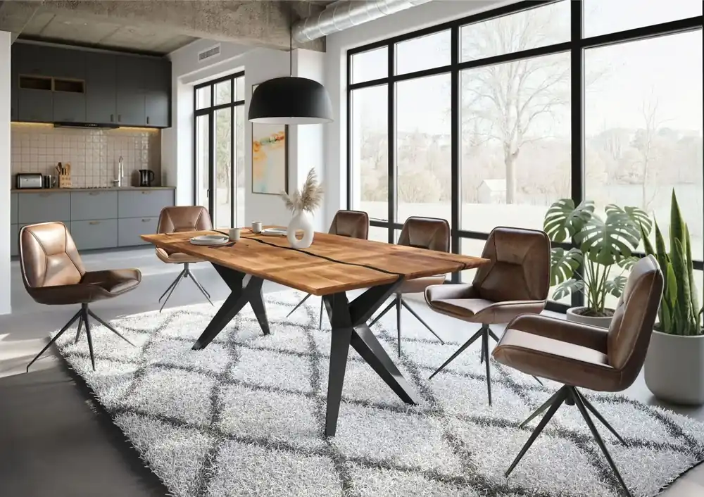 Schneller Versand Esstisch Akazie 220x100x76 natur lackiert / Epoxid schwarz, Sterngestell anthrazit glänzend EPOXY