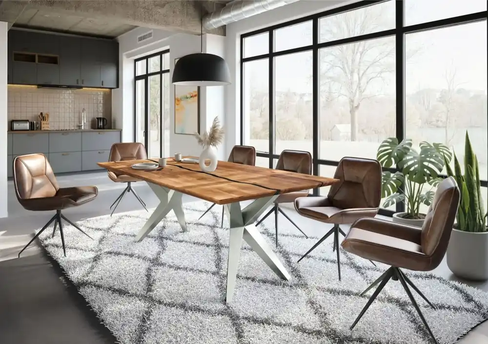 Echt Esstisch Akazie 220x100x76 natur lackiert / Epoxid schwarz, Sterngestell silber matt EPOXY