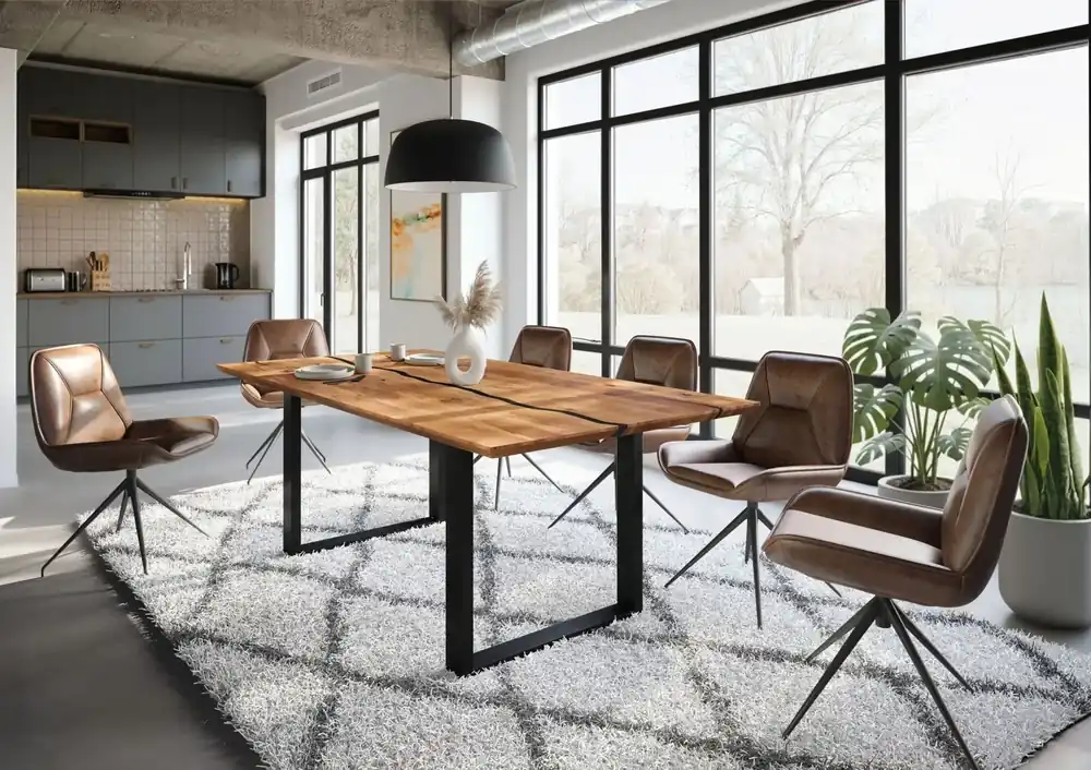 Esstisch Akazie 220x100x76 natur lackiert / Epoxid schwarz, U-Beine anthrazit matt EPOXY Mega-Angebot