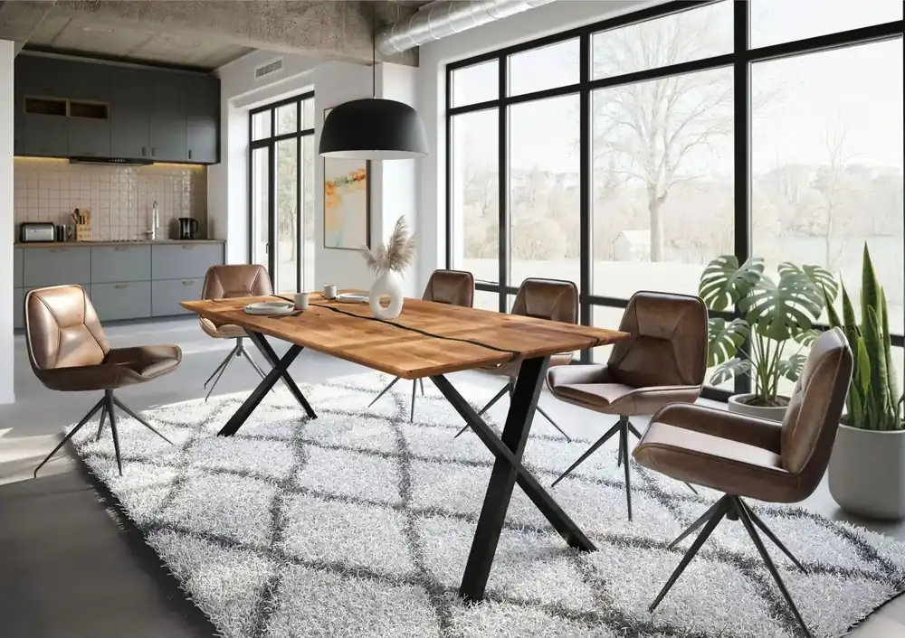 Esstisch Akazie 200x100x76 natur lackiert / Epoxid schwarz, ausgestellte X-Beine anthrazit matt EPOXY Preiswert
