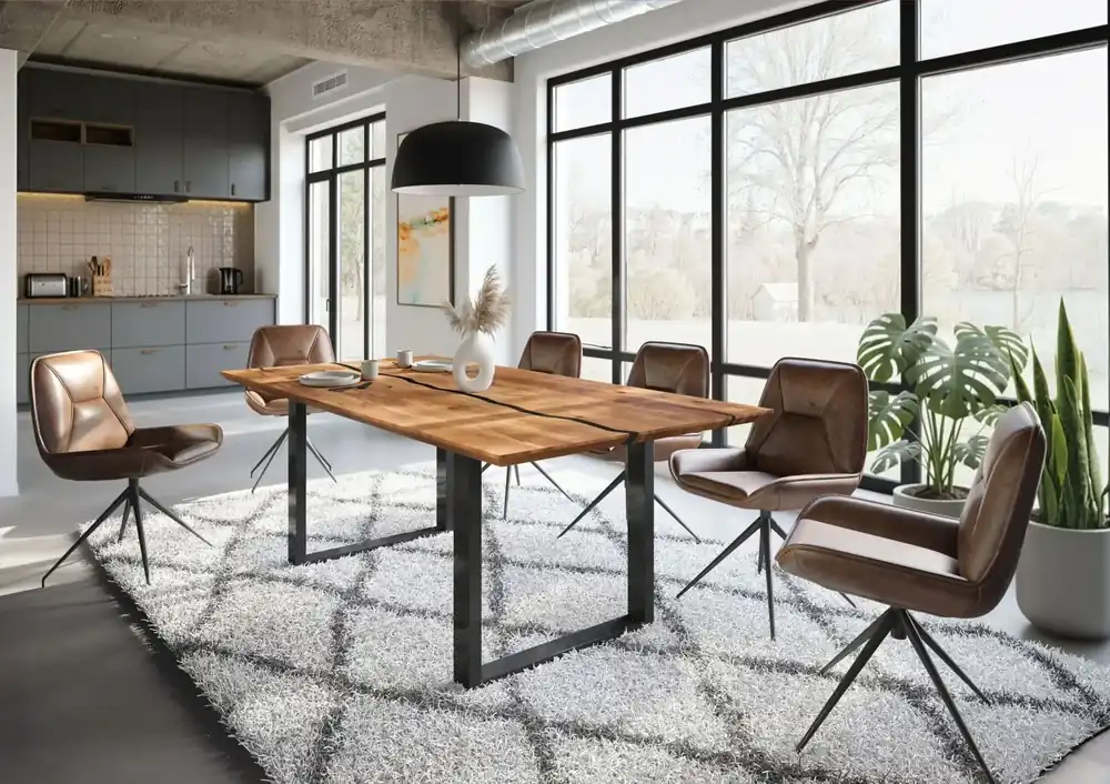 Esstisch Akazie 200x100x76 natur lackiert / Epoxid schwarz, U-Beine anthrazit glänzend EPOXY Top-Seller