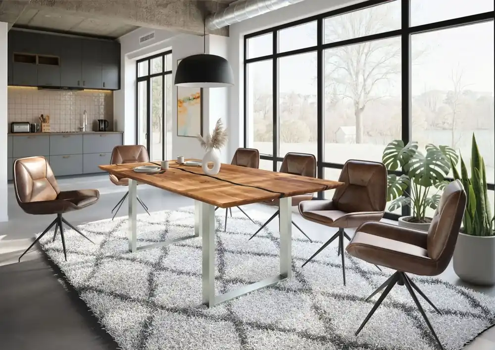 Wochenendangebot Esstisch Akazie 220x100x76 natur lackiert / Epoxid schwarz, U-Beine silber matt EPOXY