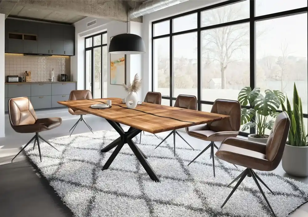 Esstisch Akazie 240x100x74 natur lackiert / Epoxid schwarz, Kreuzgestell rund anthrazit matt EPOXY Preisreduziert